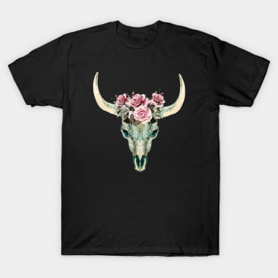 Cow Skull and floral roses crown, boho, bull skull, watercolor style and mandala decorations T-Shirt